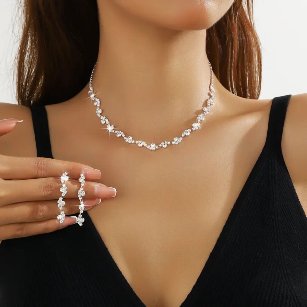 3/$35 Sparkling Rhinestone Crystal Choker Necklace & Dangle Drop Earrings Set